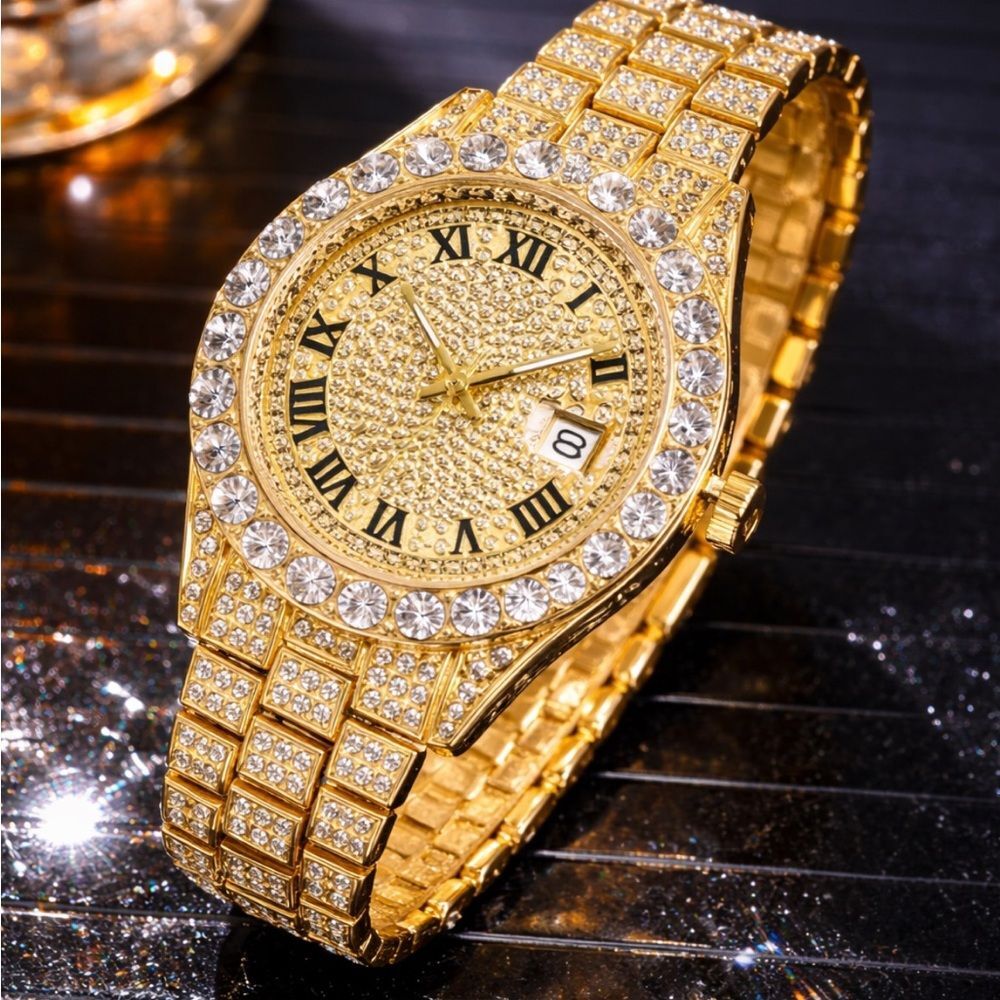VVS Bustdown Iced Out Unisex Gold Steel Luxury Simulated Diamond Watch Hip Hop